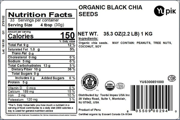 Yupik Organic Black Chia Seeds, 2.2 lb (35.2 oz), Gluten-Free, GMO-Free, Kosher, Vegan, Raw Plant-Based Superfood, Rich in Fiber, Source of Omega-3, Gels Easily, Perfect for Smoothies & Chia Pudding