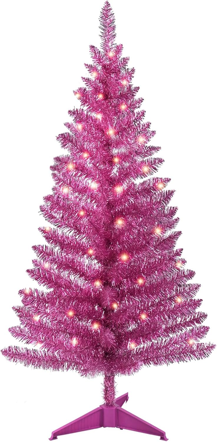4ft Lighted Artificial White Christmas Tree | Leeheeyee Small Christmas Tree, Not Pre-lit White Tinsel Pine Trees with Lights, Ideal for Home, Office, and Xmas Tree Party Décor