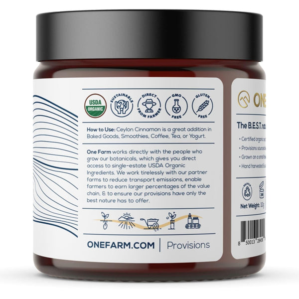 One Farm Organic Ceylon Cinnamon premium Sri Lanka Cinnamon, freshly ground, non-gmo, fair-trade, gluten-free in reusable jar