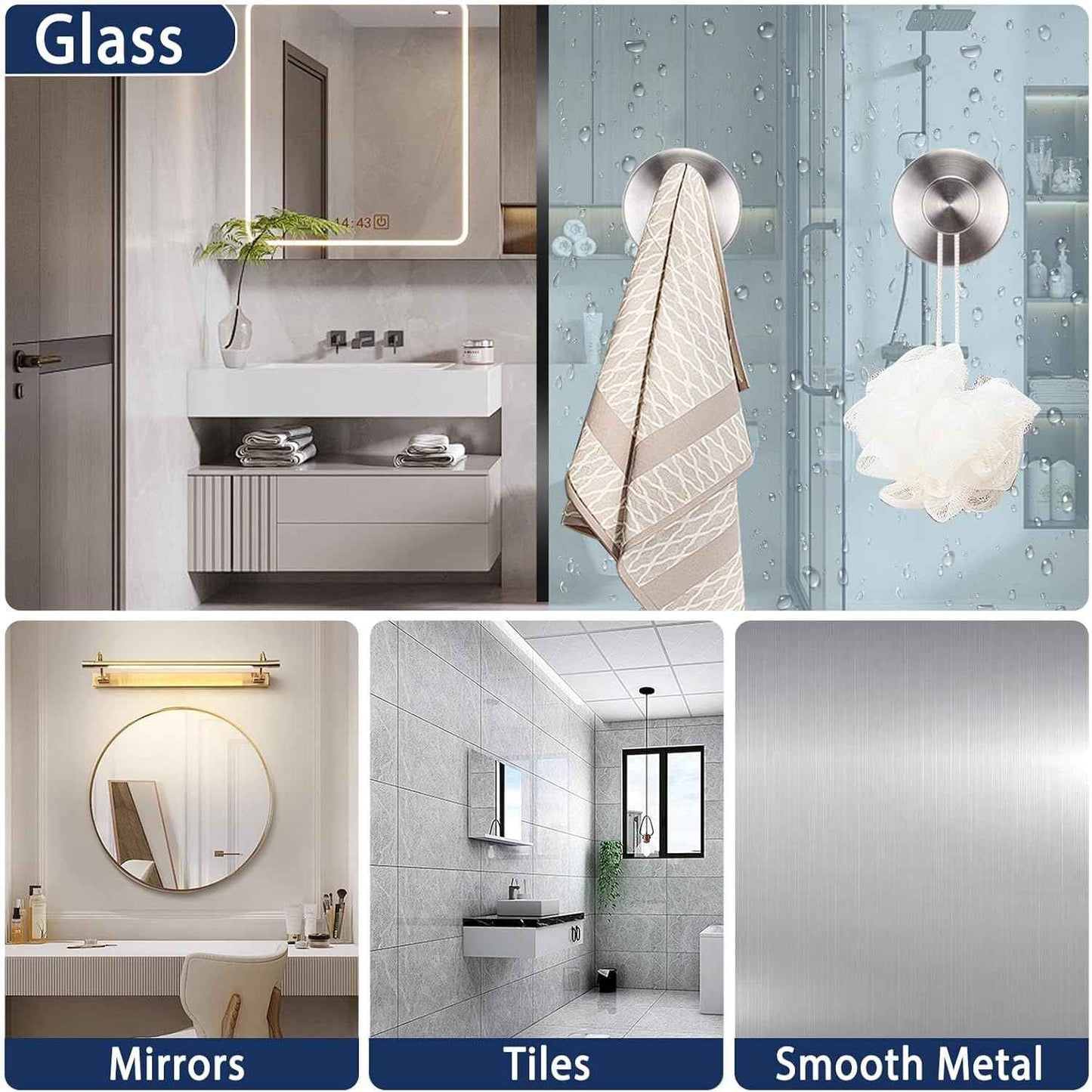 Silver Suction Cup Hooks for Shower Waterproof - Set of 4, No Drill Stainless Steel Towel Hooks for Bathroom Wall, Kitchen, Glass, Mirror, Tile - Ideal for Hanging Towels, Robes, and Loofahs