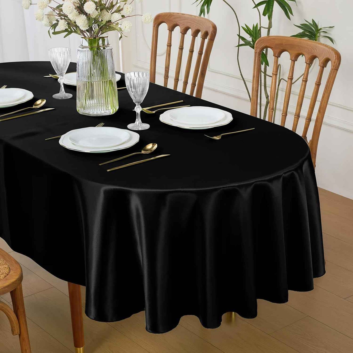 White Satin Oval Tablecloth 60 x 84 Inch Washable for Indoor/Outdoor Use, Wrinkle Resistant Stain Fabric Table Cover for Farmhouse, Dining, Kitchen, Wedding, Banquet, Party