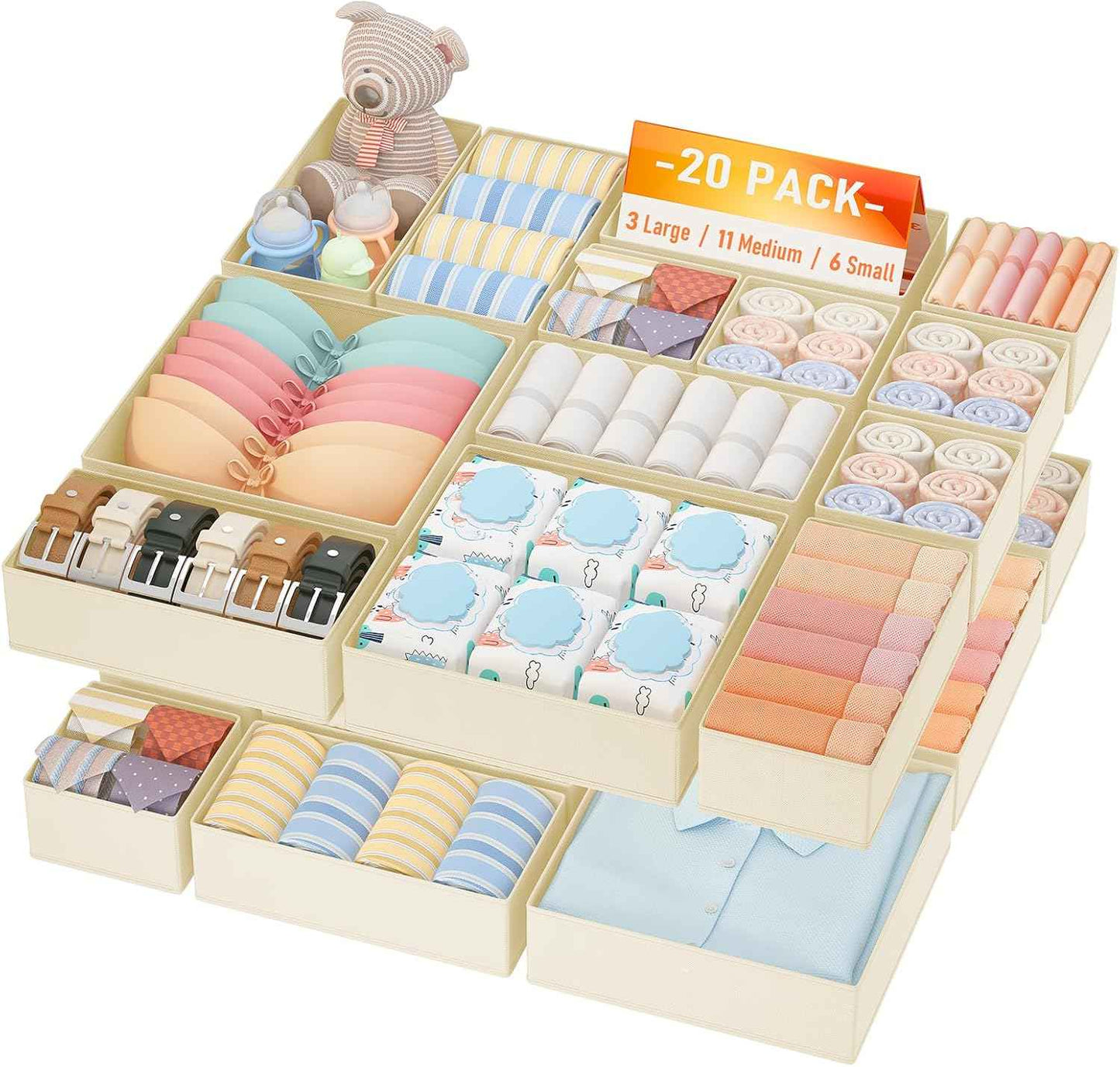 DIMJ Drawer Organizer Clothes, 12 Pack Dresser Organizer, Foldable Closet Organizers and Storage, Fabric Dresser Bins, Drawer Dividers for Nursery, Baby Clothes, Underwears, Sock (Beige)