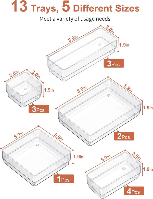 13-Piece Drawer Organizer with Non-Slip Pads for Desk Drawers and Storage
