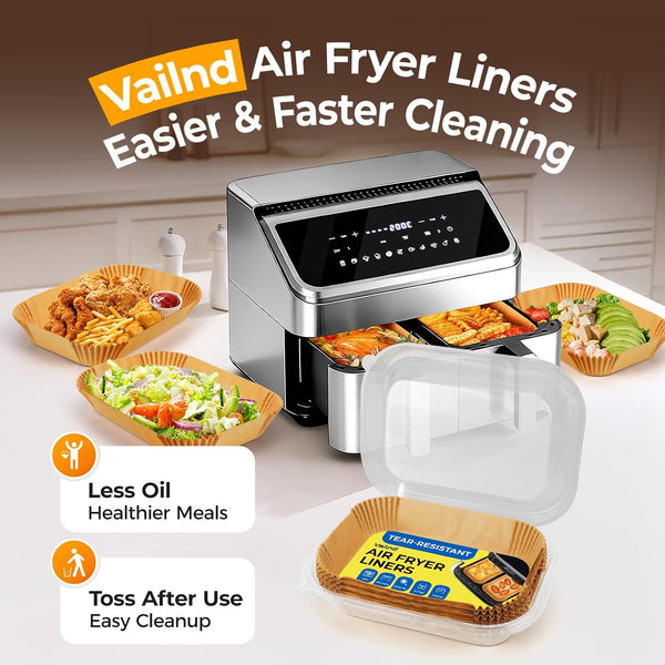 Vailnd Rectangle Air Fryer Paper Liners 200Pcs for Ninja DZ201&DZ550 | Bella Slim 4QT&6QT | Cosori | Instant Dual‑basket Air Fryer, Simple Cleanup, Greasy Proof, Disposable Airfryer Sheets 8.6x5.5In