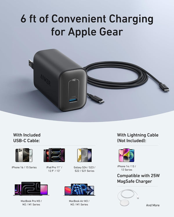 Anker Laptop Charger, 100W Foldable Type C Charger Fast Charging for MacBook, iPhone 17 Series, and All USB C Devices(6FT USB-C Cable Included, Compatible with MagSafe)