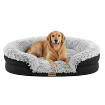 Fluffy orthopedic dog bed for large & extra large dogs with curved bolster support and egg-crate foam base, 43" gray oval pet donut bed with washable cover