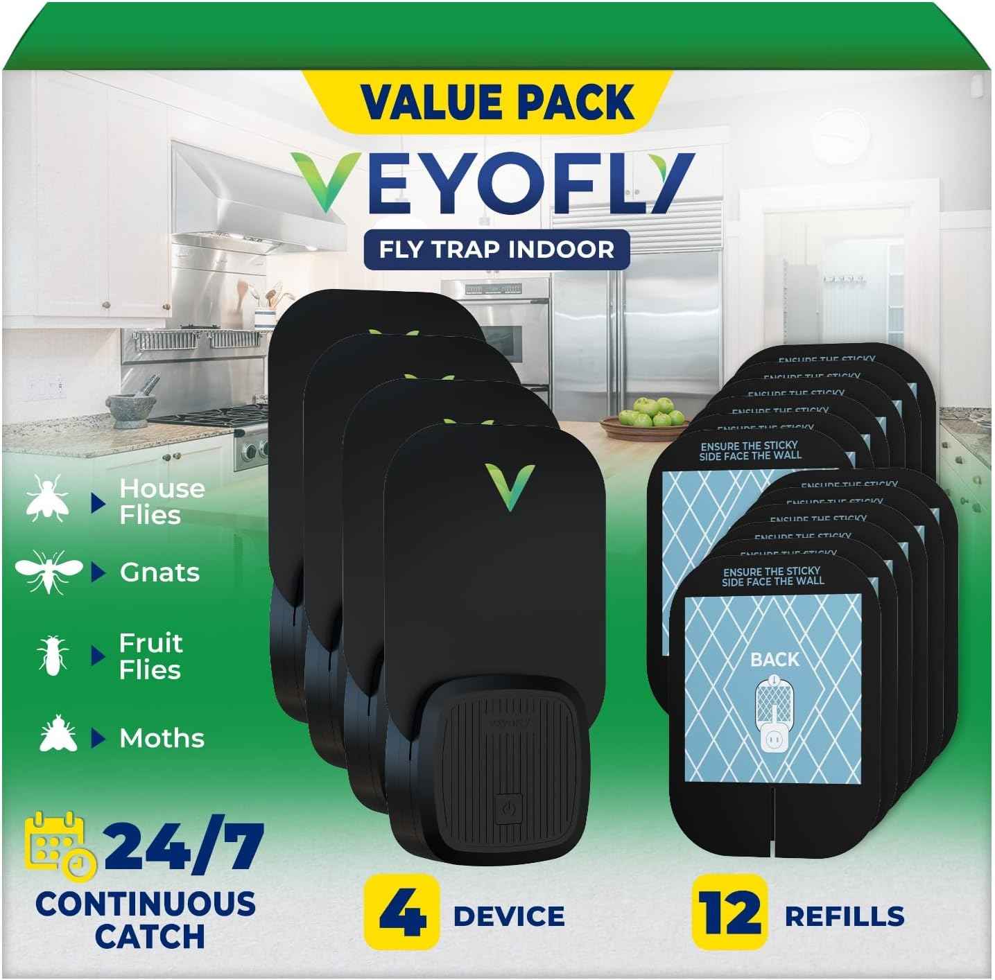 VEYOFLY Fly Trap Indoor, Fruit Fly Traps for Indoors Flying Insect (2 Device + 6 Refills) Gnat Traps for House Indoor, Bug Zapper Indoor, Gnat Killer Catcher & Fruit Fly Killer Light Plug in