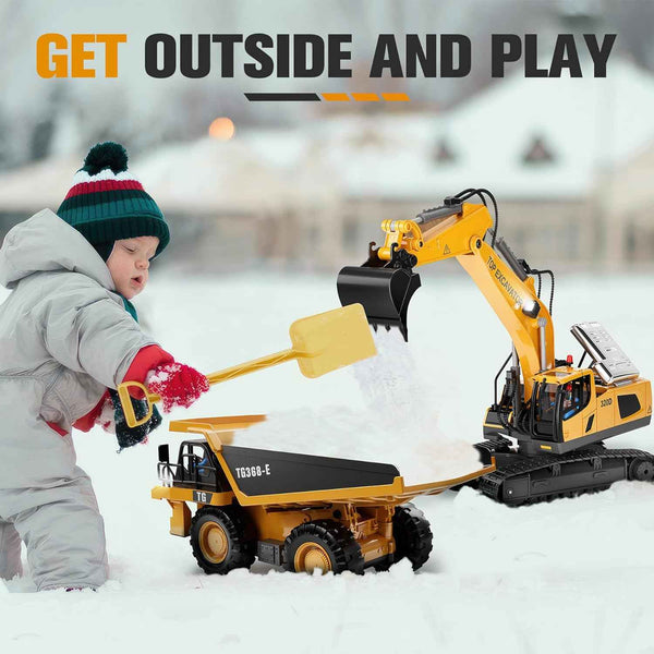 KIDMARKT Remote Control Excavator Toy for Boys | 11-Channel Metal Construction Truck with Lights, 2×1200mAh Batteries, 120-Min Playtime | RC Excavator Toys for Kids Ages 3-12, STEM Gift for Birthday