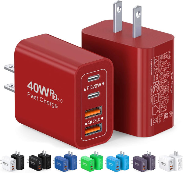 40W USB C Charger Cube, 2-Pack Fast Charging Block, 4-Port Power Adapter