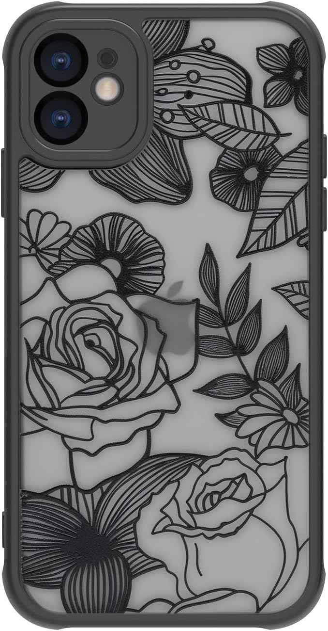 Girly Flower Case Compatible with iPhone 17 Pro Max, Cute Rose Aesthetic Black Line Art Floral Pattern Print, Anti Fingerprint PC Heavy Duty Protection Cases Cover for Girls Women