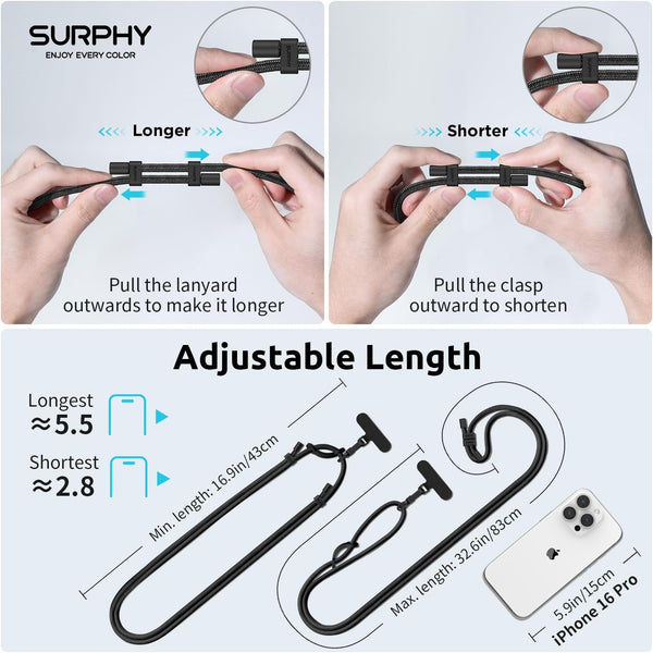 SURPHY Phone Lanyard, Adjustable Phone Strap Crossbody with 2 Pack Cell Phone Tether Tab, Premium Metal Buckles, Skin-Friendly, Universal Cell Phone Lanyard Crossbody for Women and Men, Black