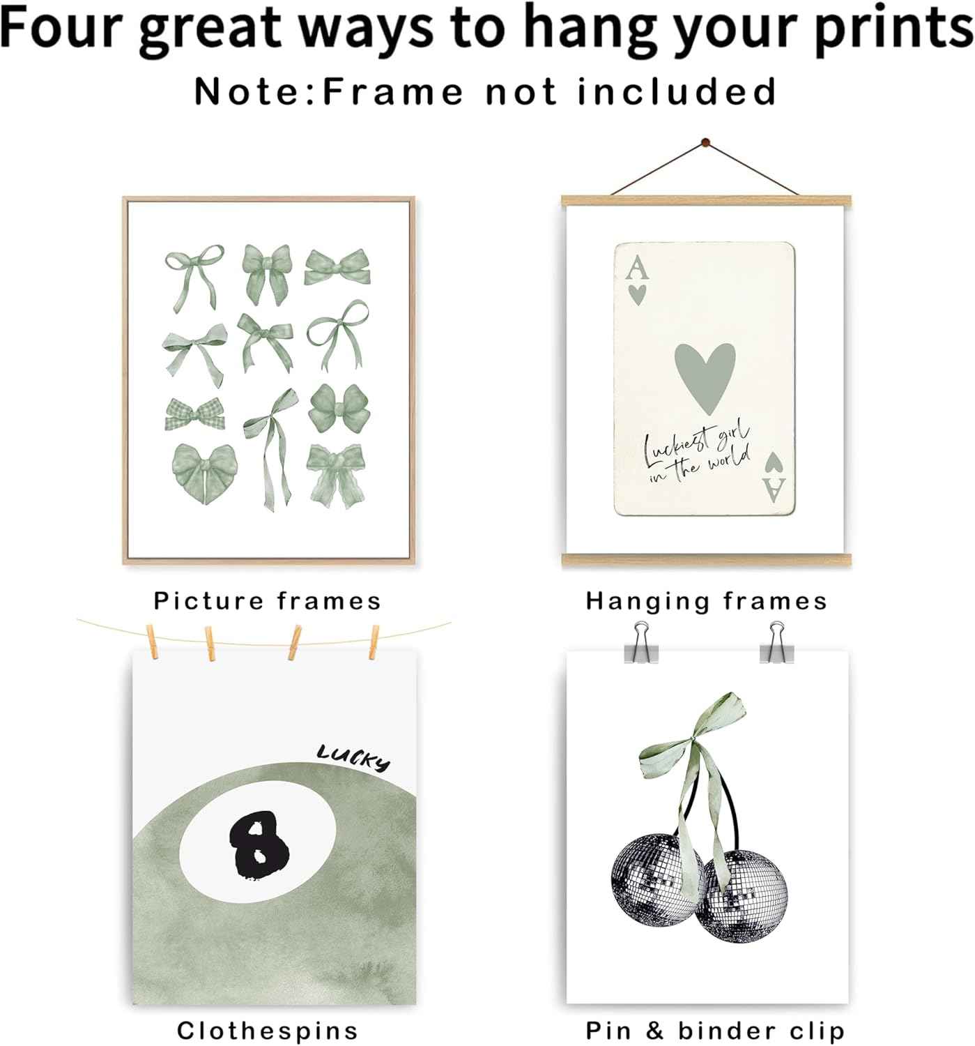okaxscm Sage Green Coquette Trendy Preppy Wall Art Prints Set of 4, Coquette Preppy Room Decor Aesthetic, Green Bow Disco 8 Ball Cherry Wall Decor Posters for Girls Bedroom Dorm, 8x10 Unframed