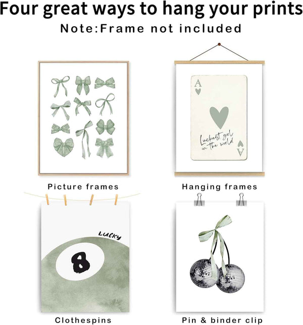 okaxscm Sage Green Coquette Trendy Preppy Wall Art Prints Set of 4, Coquette Preppy Room Decor Aesthetic, Green Bow Disco 8 Ball Cherry Wall Decor Posters for Girls Bedroom Dorm, 8x10 Unframed