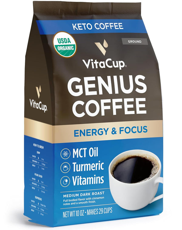 VitaCup Mushroom Coffee Grounds with Lions Mane and Chaga, Medium Dark Roast Arabica Specialty Coffee, 10 Oz