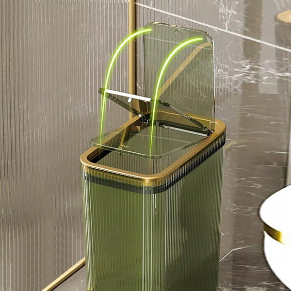 Transparent plastic trash can with 2.6 gallon capacity and press-top lid