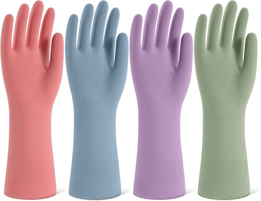 Rubber Cleaning Gloves for Dishwashing, 4 Pairs Reusable Kitchen Gloves for Washing Dishes and Household Cleaning, Colorful Dish Gloves with Flocked Lining and Non-Slip Grip, Pefect for Woman Men - M