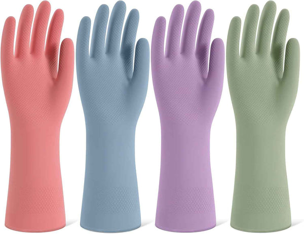Reusable Rubber Dishwashing Gloves, 4 Pairs Kitchen Gloves for Washing Dishes and Cleaning, Non-Slip Grip, Flocked Lining, Perfect for Women and Men