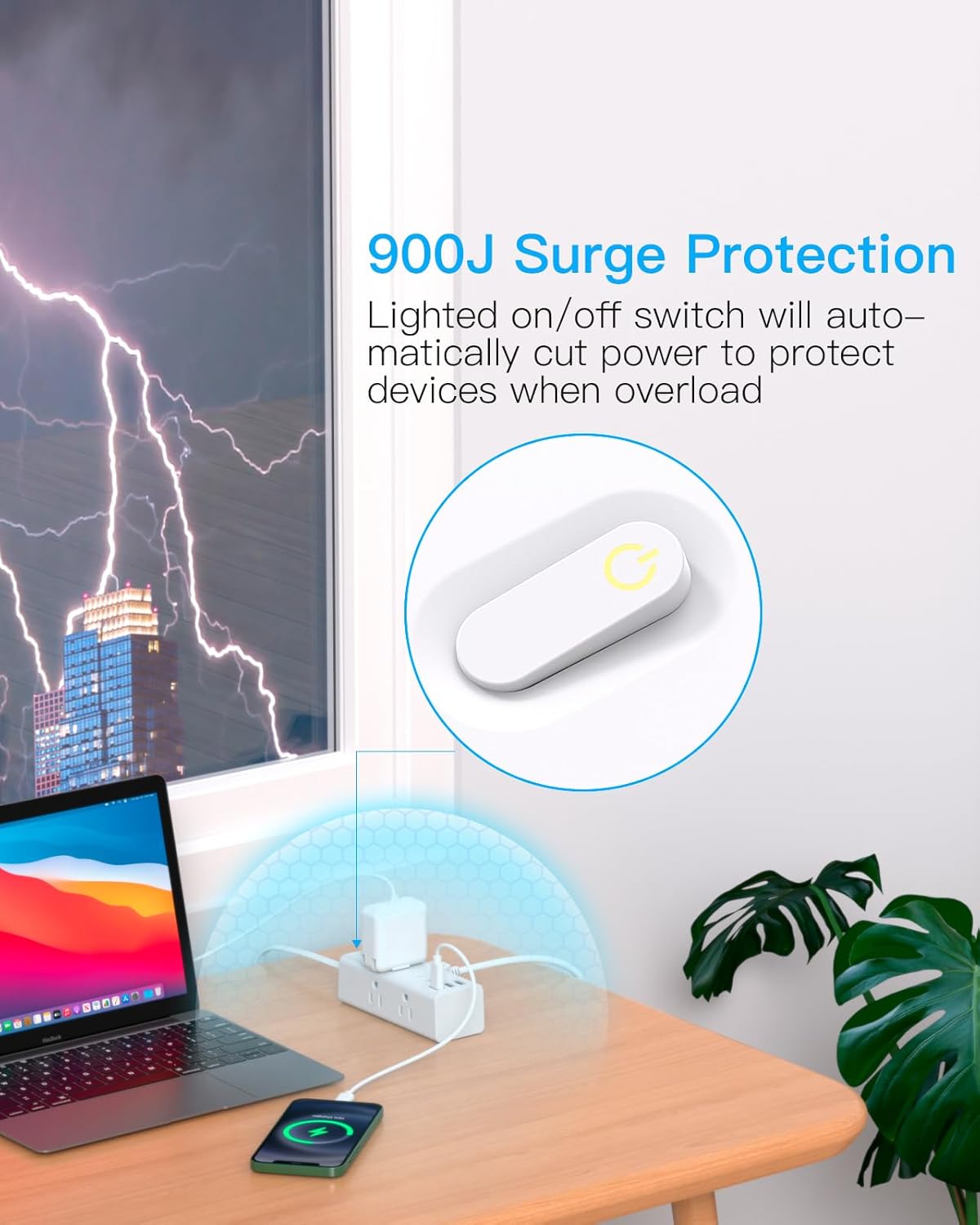 One Beat 10Ft Extension Cord Power Strip – 6 Outlets & 4 USB Ports (2 USB-C), Flat Plug Surge Protector for Home