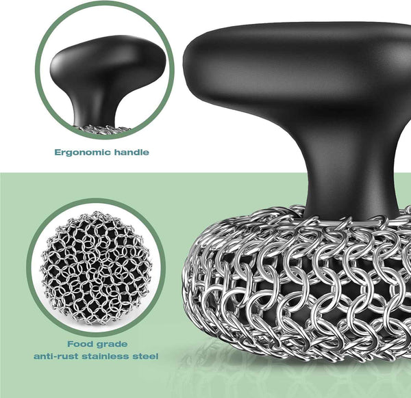 Purgreat Cast Iron Scrubber for Cast Iron Pan Skillet Cleaner - Dish Scouring Pad Dishwasher Safe Cleaning Kit, Black