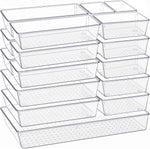 Criusia Drawer Organizer, 10 Pack Large Clear Plastic Set, 3 Size Versatile Bathroom and Vanity Organizer Trays, Storage Bins for Makeup, Bedroom, Kitchen Utensils