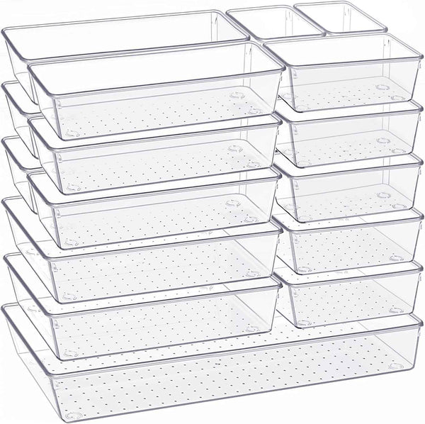 Criusia Drawer Organizer, 10 Pack Large Clear Plastic Set, 3 Size Versatile Bathroom and Vanity Organizer Trays, Storage Bins for Makeup, Bedroom, Kitchen Utensils