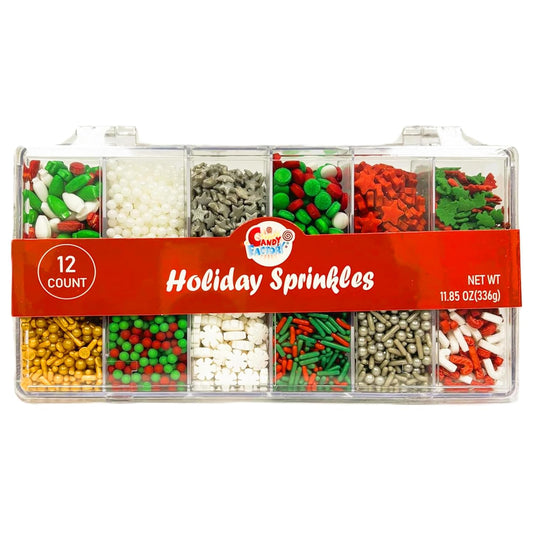 Holiday Sprinkles Set 12 Count 11.85 Oz Different Types in Box, Cake - Cookies Sprinkles For Christmas-Party, Kosher,Jimmies, Stars, Nonpareils and more