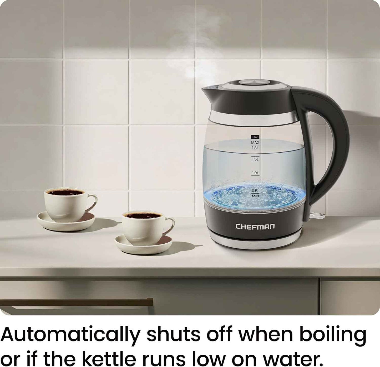 Chefman Electric Kettle, 1.8L 1500W, Hot Water Boiler, Removable Lid for Easy Cleaning, Auto Shut Off, Boil-Dry Protection, Stainless Steel Filter, BPA Free, Borosilicate Glass Electric Tea Kettle