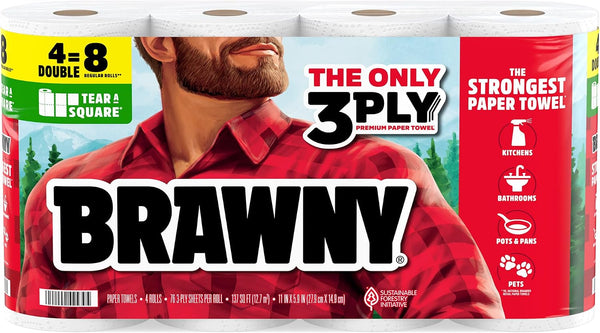 Brawny Tear-A-Square 3-Ply Paper Towels, 12 Double Rolls = 24 Regular Rolls, Strong, Absorbent, and Durable with 3 Sheet Sizes