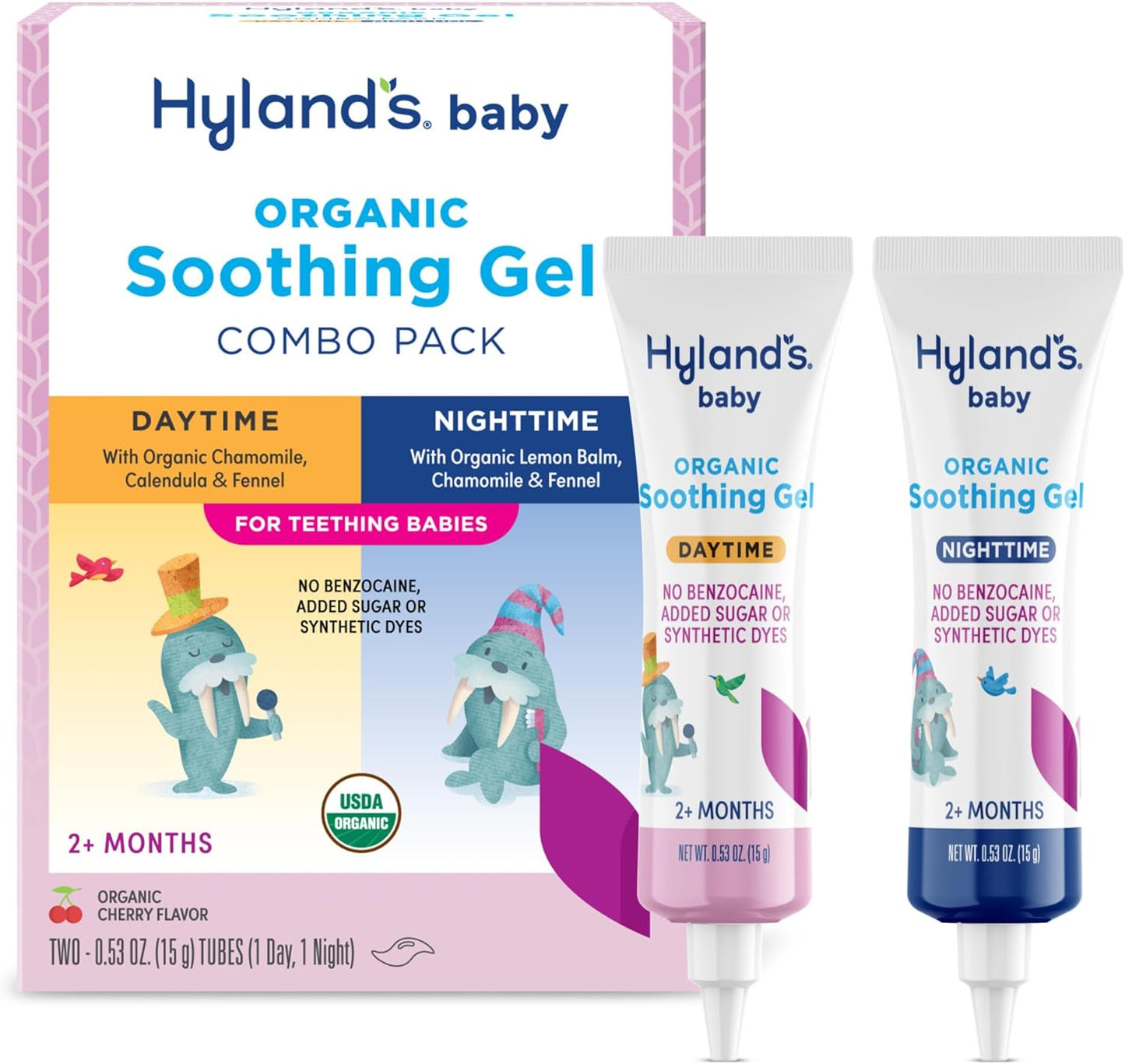 Hyland's Baby Organic Day and Night Soothing Gel Combo Pack, Cooling Gel for Oral Discomfort, Easy-to-Apply, Ages 2 Months and Up, 1.06 Ounce (2 Tubes of 0.53 oz.)