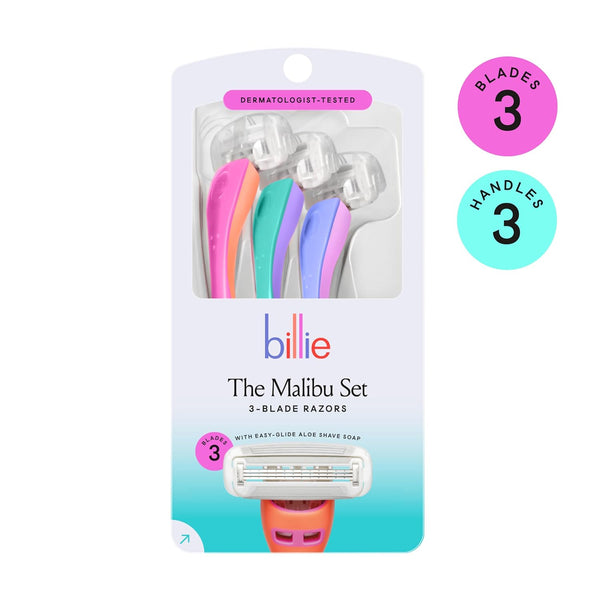 Billie 3-blade disposable razors for women - Malibu set, 3 razors, flexible head, aloe shave soap, matte rubber handle, travel ready