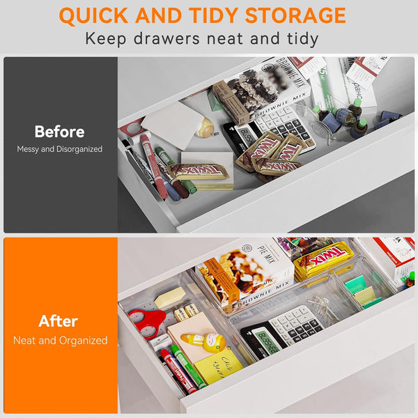 6 pack large clear plastic drawer organizer trays for kitchen utensils and office desk