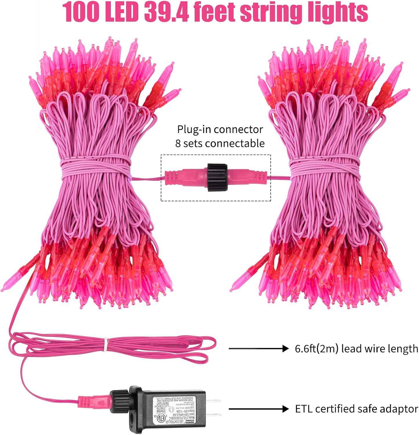 Minetom Pink Mini Christmas Lights - 39 Feet 100 LED Fairy String Lights with 8 Lighting Modes Waterproof Connectable for Indoor Outdoor Xmas Tree Garland Wreath Holiday Valentine's Day Decoration