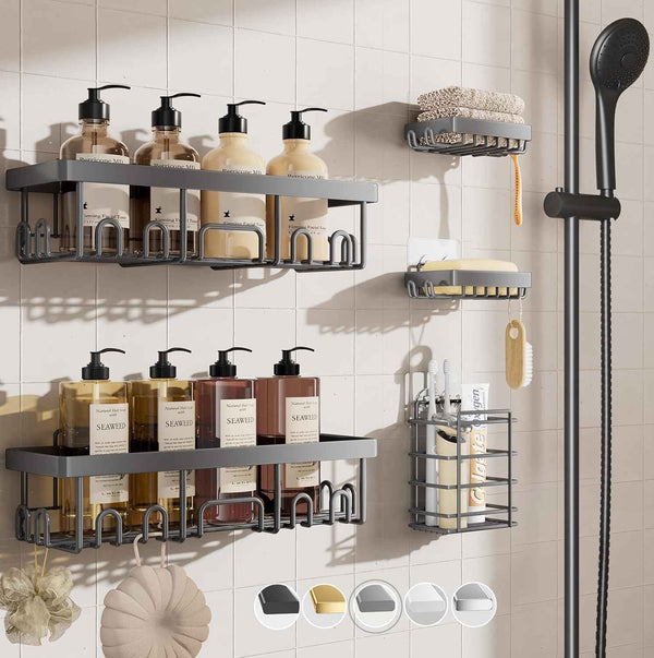 Veken Shower Caddy 6-Pack, Advanced Rustproof Design, No Drilling Adhesive Shelves, Rack with Soap Holder, Large Capacity Bathroom Organizers and Storage, Wall-Mounted Kitchen & Home Decor