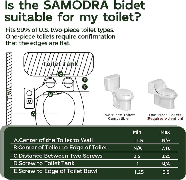 Samodra non-electric cold water bidet toilet seat attachment with pressure controls, retractable nozzles, black finish.