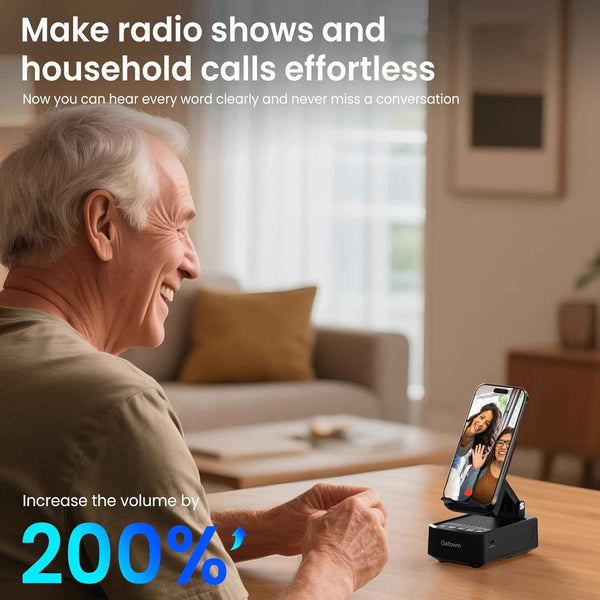 Cell phone stand with instant wireless induction Bluetooth speaker and no pairing needed