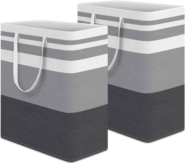 HomeHacks 2 Pack Large Laundry Baskets, Waterproof, Freestanding Laundry Hampers, Collapsible Clothes Hamper with Reinforced Handles in Laundry Room, College Dorm, Bathroom, Bedroom (Grey, 75Lx2)