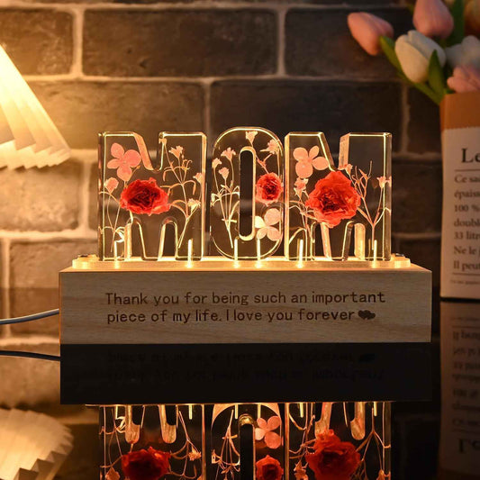 Britrio Gift for Mom Women Grandma Rose Dry Flower Night Light Lamp for Mother's Day Mom Birthday from Son Daughter Dried Pressed Flower Letter Led Light Christmas Gift Home Bedroom Decor
