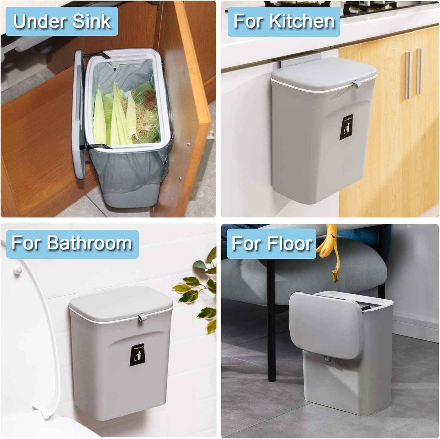 Tiyafuro 2.4 Gallon Kitchen Compost Bin for Counter Top or Under Sink, Hanging Small Trash Can with Lid for Cupboard/Bathroom/Bedroom/Office/Camping, Mountable Indoor Compost Bucket, Gray