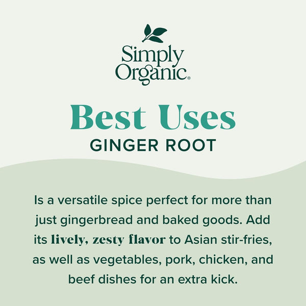 Simply Organic Ground Ginger Root, 1.64 Ounce, Non ETO, Non Irradiated, Non GMO, Versatile Spice for Sweet & Savory Dishes