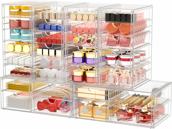 Clear Acrylic Desk Organizer with 16 Drawers for Makeup, Jewelry, and Office Supplies