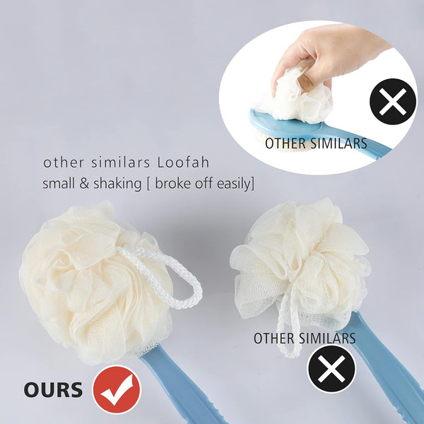 Shower body brush with bristles and loofah for skin exfoliating bath, curved long handle for back and feet, suitable for wet or dry use, men and women, blue