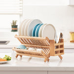 Bamboo Folding 2-Tier Collapsible Dish Rack with Utensil Holder Set