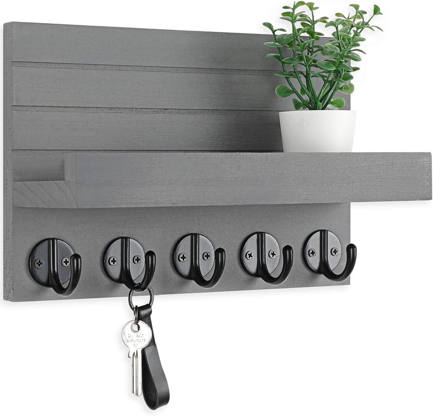 Key Holder for Wall, Decorative Key and Mail Holder with Shelf Has Large Hooks for Bags, Coats, Umbrella – Paulownia Wood Key Hanger with Mounting Hardware (9.8”W x 6.7”H x 4.2”D) - Rayz Mart