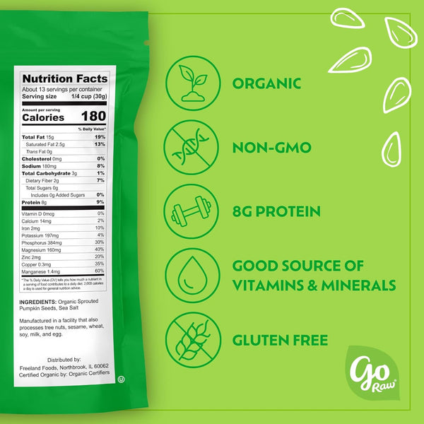 Go Raw Organic Sprouted Pumpkin Seeds, 14 Oz, Non-GMO, Gluten-Free, Vegan, Nut-Free, Protein-Rich Snack