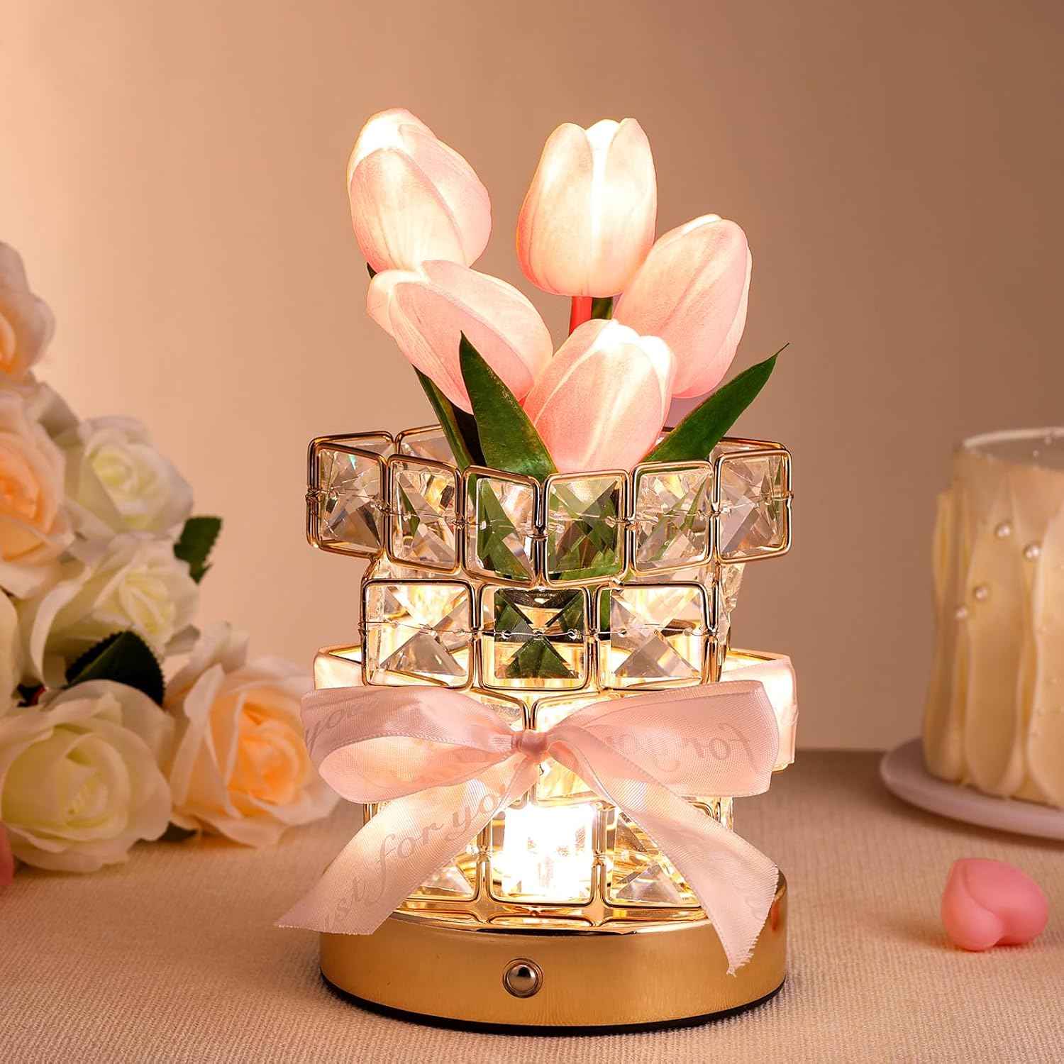 Birthday Gifts for Women Tulips Table Lamp Flowers Decor Gifts for Mom Grandma from Daughter Son 3 Color Touch Bedside Table Lamp with USB Home Decor for Bedroom Living Room