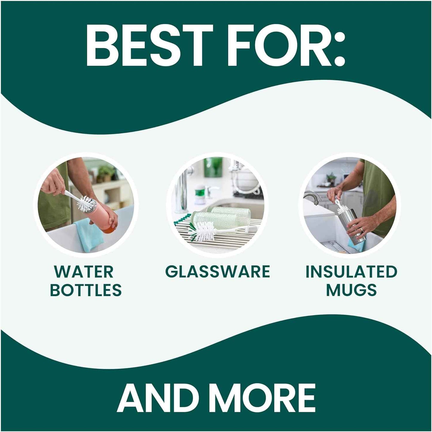 Scotch-Brite Glass and Water Bottle Brush, Long-Lasting, Safe on Glassware, Shaker Bottles, Food Processors, & More, Non-slip handle, Durable, Reusable, Clean in Top Rack of Your Dishwasher