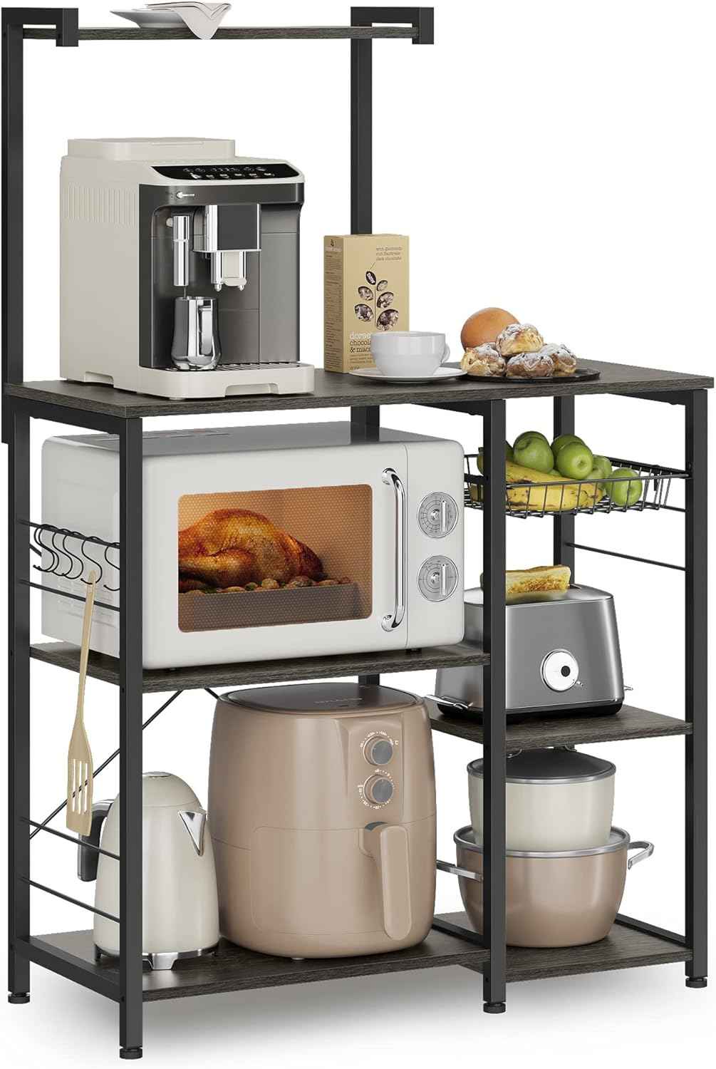 VASAGLE Baker's Rack, Microwave Stand, Kitchen Storage Rack with Wire Basket, 6 Hooks, and Shelves, for Spices, Pots, and Pans, Rustic Brown and Ink Black UKKS35X
