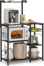 VASAGLE Baker's Rack, Microwave Stand, Kitchen Storage Rack with Wire Basket, 6 Hooks, and Shelves, for Spices, Pots, and Pans, Rustic Brown and Ink Black UKKS35X