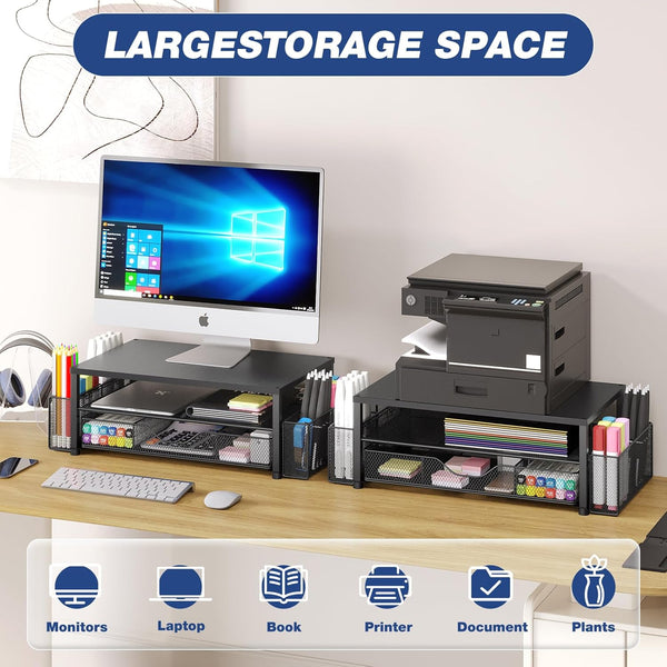 2-Tier Computer Monitor Stand Riser with Drawer and Pen Holders for Office Supplies
