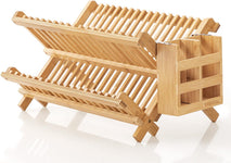 Bamboo Folding 2-Tier Collapsible Dish Rack with Utensil Holder Set